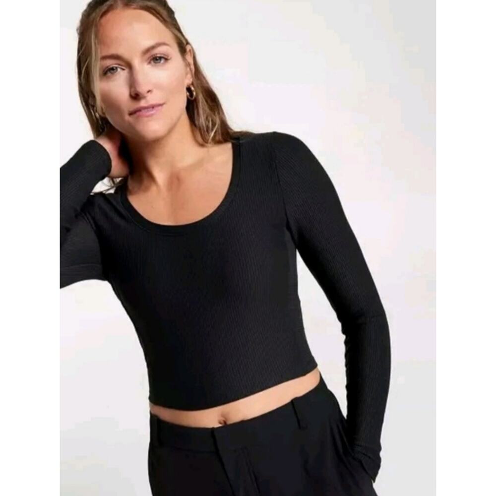 NWT CALIA Women's Cropped Long Sleeve Support Top, Pure Black, Size M